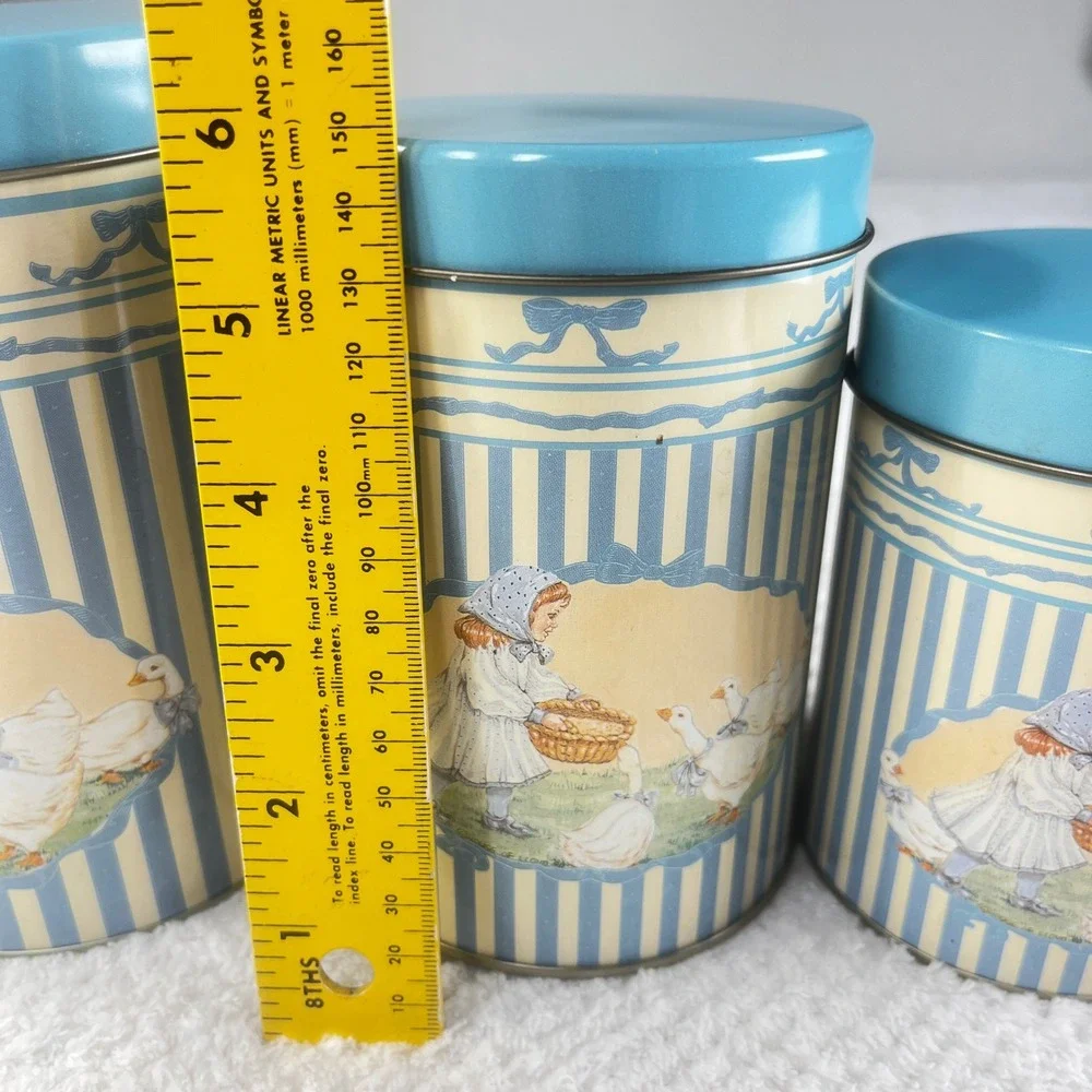 Vintage Country Girl and Geese Nesting Kitchen Canister Tin Set of 3 Blue Cream